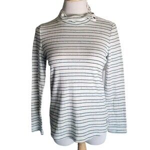 T by Talbots Sweater Teal & Whit Mock Neck Stripe Pullover Knit Shirt Snap MP
